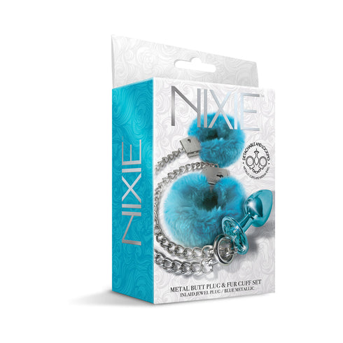 Kit de tapón anal de metal y esposas peludas Nixie azul